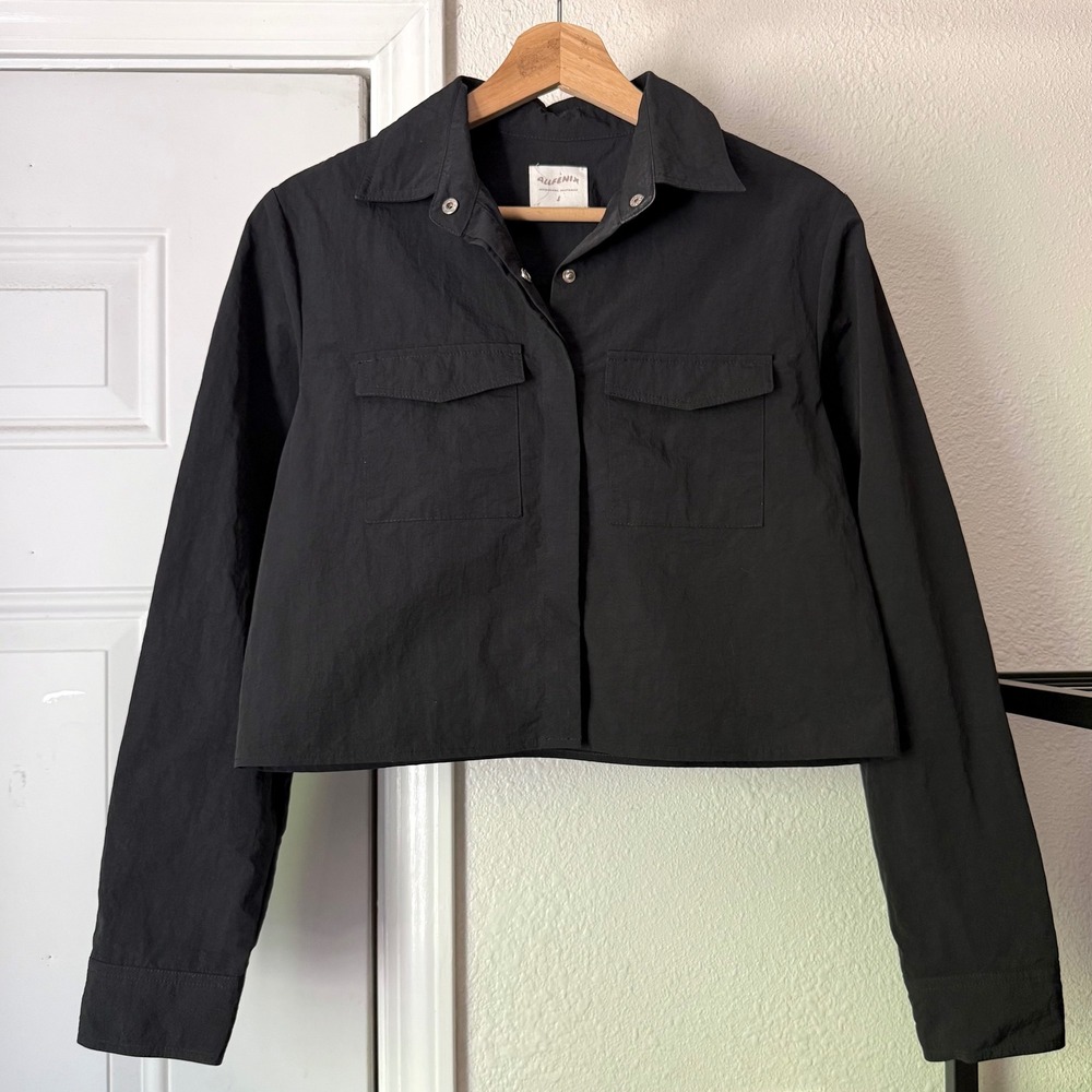 ALLFENIX black nylon swishy snap button up boxy cropped long sleeve shirt top